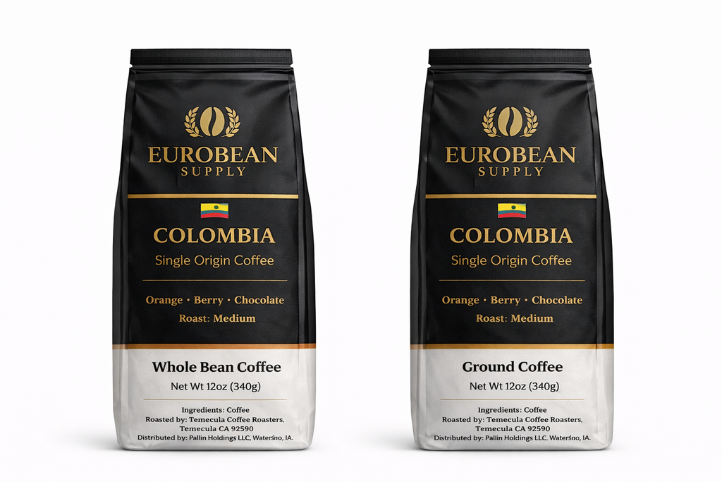 Two Colombia coffee bags from Eurobean Supply on a white background