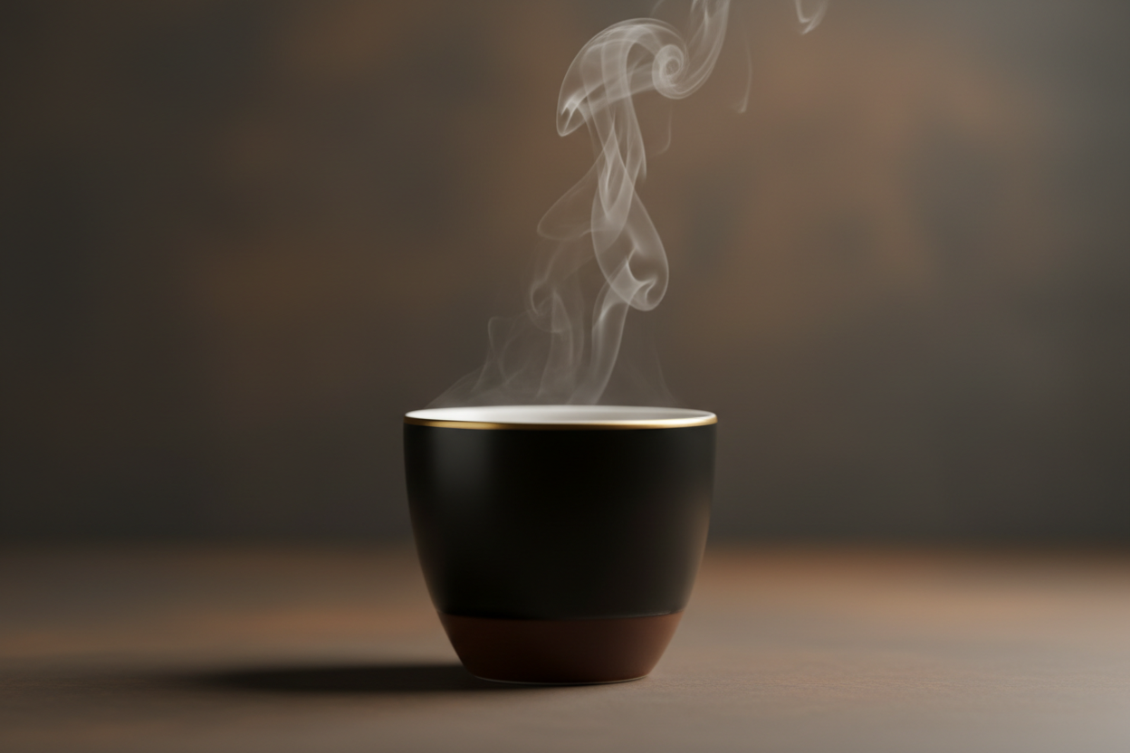 subtle coffee cup with steam rising brown, black, gold themed